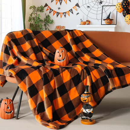 Halloween Blanket, Fleece Throw Blankets, Orange and Black Plaid