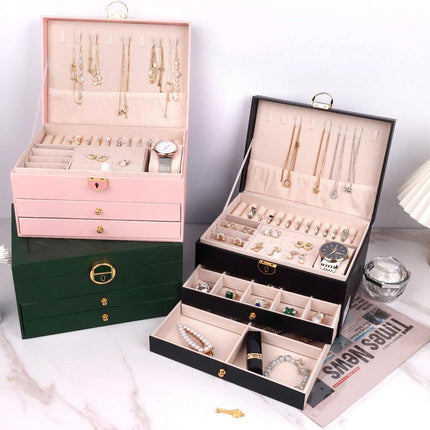 Jewelry Organizer Box PU Leather Double-Layer Pull-Out Drawer & Multiple Compartments - Premium Jewelry Storage for Necklaces, Rings, Bracelets - Nice Christmas Gift for Women, Men