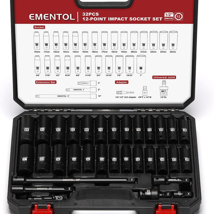 32PCS 1/2" Drive Socket Set, Deep Impact Sockets, SAE(3/8"-1") and Metric(10-24Mm), Including Extension Bars, Universal Joint, Drill&Socket Adapter, 12 Point Design, Cr-V Steel
