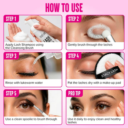 Lash Shampoo 50Ml Kit Korean Makeup Remover with Eye Lash Spoolies & Rinse Bottle & Cleansing Pad & Brush for Eyelash Extensions & Clusters & Natural Eyelashes