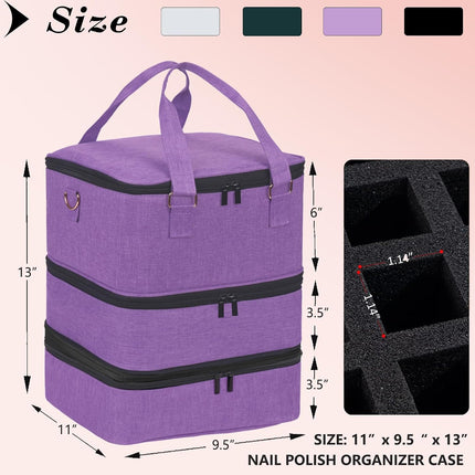 Large Nail Polish Organizer Case Hold 84+ Bottles Nail Polish & Nail Lamp, 3 Layers Nail Organizers and Storage for Nail Tech with Divider, Travel Carrying Case(Purple)