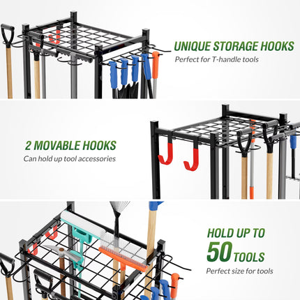 17-Inch Garden Tool Organizer with Storage Hooks, Yard Tool Rack for Garage Organization, Holds up to 50 Tools
