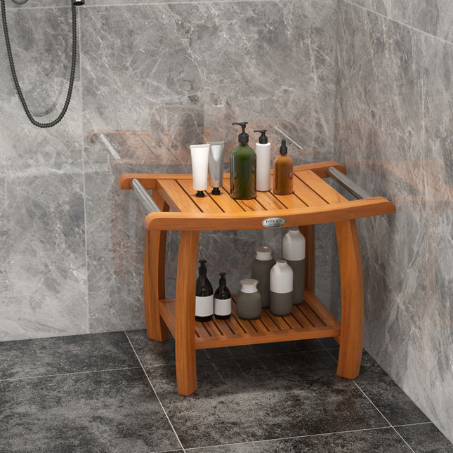 2-Tier Teak Wood Shower Bench Shower Stool with Curved Seat and Handles