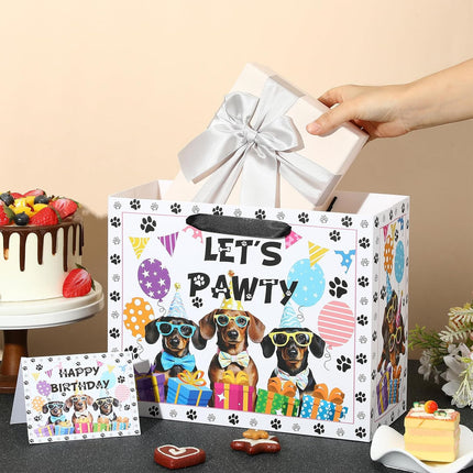 Large Dog Birthday Gift Bag Set with Tissue Paper and Greeting Card Dachshund Dogs Happy Birthday Bag Dachshund Doggy Puppy Dog Pet Paw Gift Wrapping Paper with Handles for Girl Boy Kids Men Women