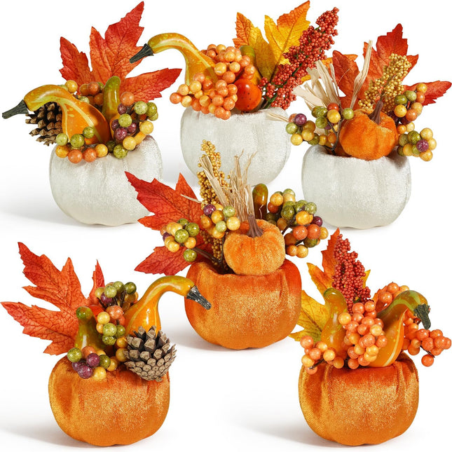 Set of 6 Artificial Pumpkins Decorations, Decorative Fabric Orange Pumpkin with Maple Berry Acorn Pine Cone Vegetables for Fall Thanksgiving Harvest Party Home Tabletop