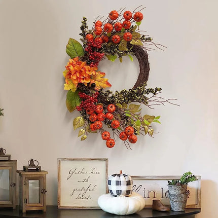 24" Length Fall Wreath Fall Decoration Autumn Decor Door Wreath with Mini Pumpkins for Autumn Harvest Halloween Thanksgiving