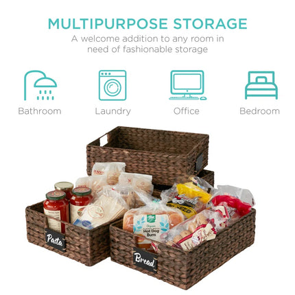 4 16X12In Woven Water Hyacinth Pantry Baskets W/ Chalkboard Label, Chalk Marker