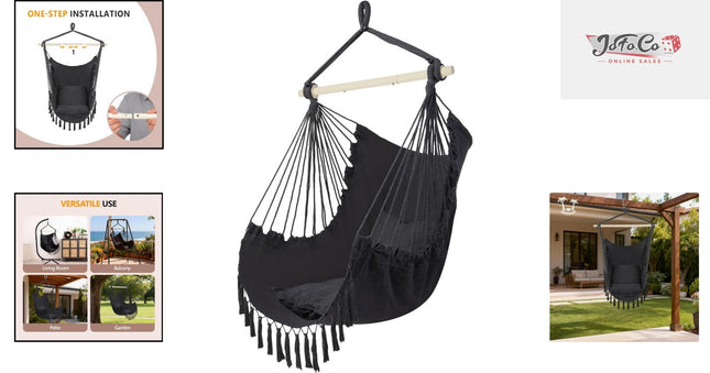 XXL Macrame Hammock Chair - Comfortable Indoor/Outdoor Swing with Drink Holder