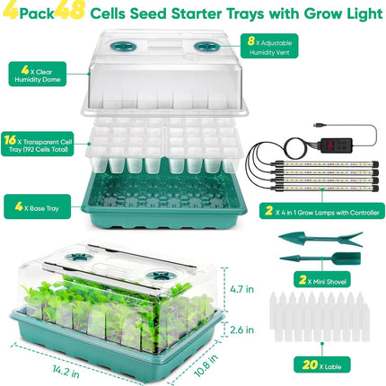 192 Cell Seed Starter Tray with Grow Light, Seed Starter Kit with Adjustable Humidity Dome, Seed Starting Trays Plant Starter Kit for Seeds Growing Starting, Indoor Gardening, Greenhouse