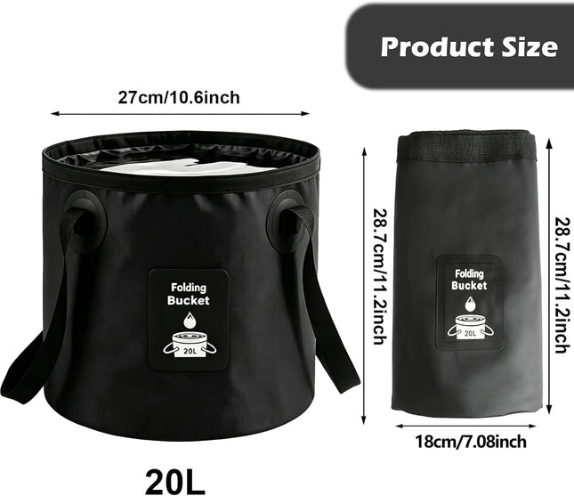 Collapsible Bucket with Handle, Lightweight Folding Water Container, Portable Collapsible Bucket for Fishing, Camping, Hiking, Backpacking, Outdoor Survival, Car Washing Black 20L