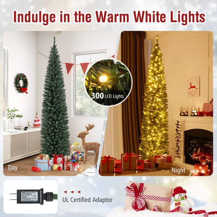 5/6/7/8/9 Feet Pre-Lit Pencil Artificial Christmas Tree with 150/180/200//300/400 Warm White LED Lights