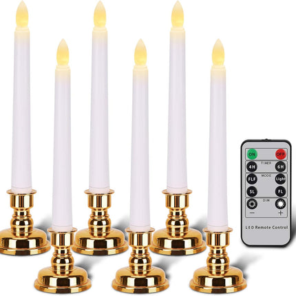 Flameless Window Candles with Gold Bases, Battery Operated Taper Candle with 4H/6H Daily Timer, Remote Window Candle with Unique Flame