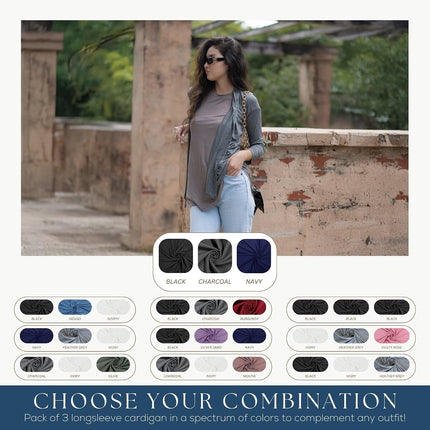 Long Sleeve Womens Cardigan, Thin Lightweight Rayon Sweater Light Cardigans for Women - 3 Pack
