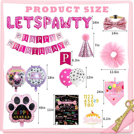 Dog Party Supplies Decorations - Cute Bandana, Let'S Pawty Banner, Cake Topper, Hat, Pink Bowtie, Tutu Skirt, Paw Balloon for Birthday Celebration