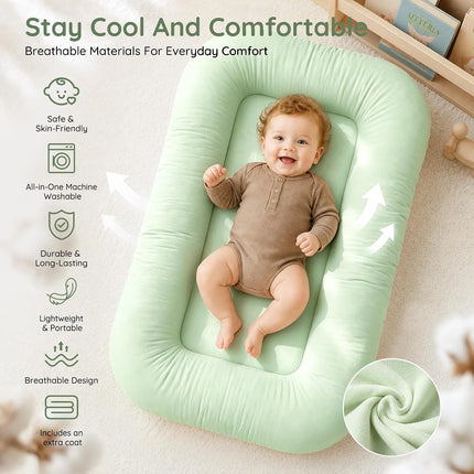 Infant Support Cushion & Baby Support Cushion for Newborn 0-24 Months, Breathable Cotton Pad, Supervised Use, Portable Infant Essentials for Travel and Home, Green (Cover Included