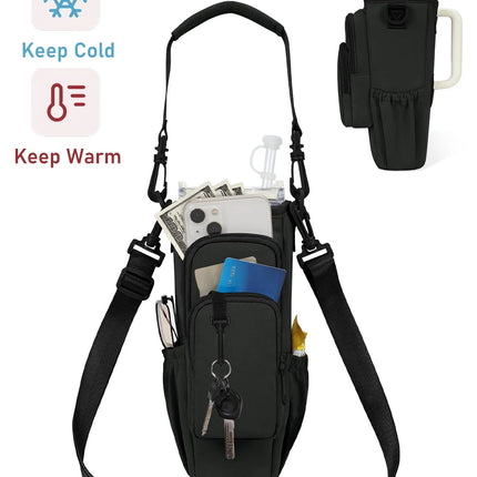 Insulated Water Bottle Carrier Bag with Strap & Handle for 30Oz 40Oz Tumbler Cup Holder Pouch with Phone Pocket & Straw Cover, Black