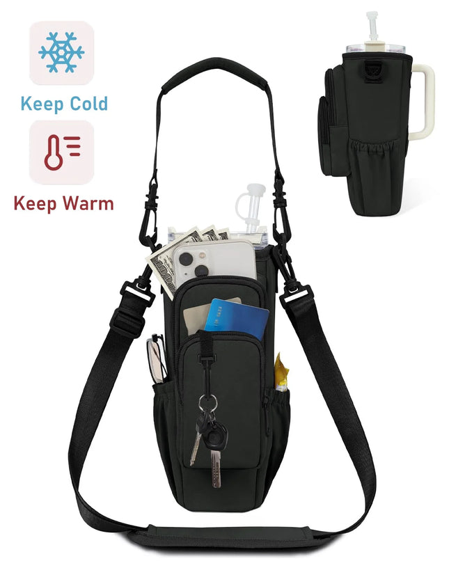 Insulated Water Bottle Carrier Bag with Strap & Handle for 30Oz 40Oz Tumbler Cup Holder Pouch with Phone Pocket & Straw Cover, Black