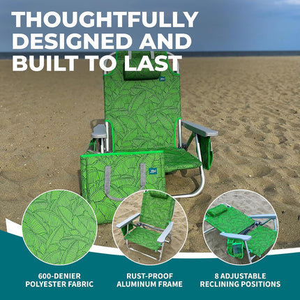 Folding Beach Chair with Cooler Bag, Green Banana Leaves