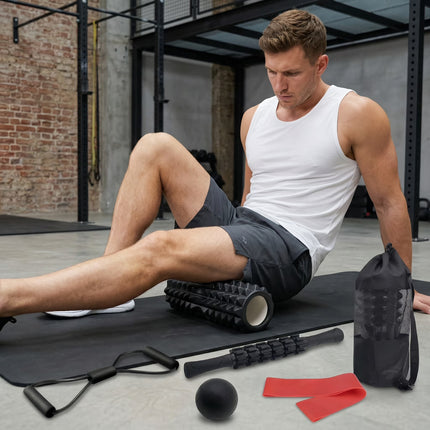6 In1 Black Foam Roller Set with Massage Roller, Massage Ball, Chest Expander,And Resistance Band