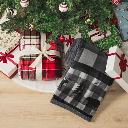 Red Green Christmas Plaid Sherpa Throw Blanket, Holiday Fleece Blanket 50" X 60", Soft Flannel Plush Throw for Couch, Sofa & Bed, Festive Winter Home Decor, Cozy