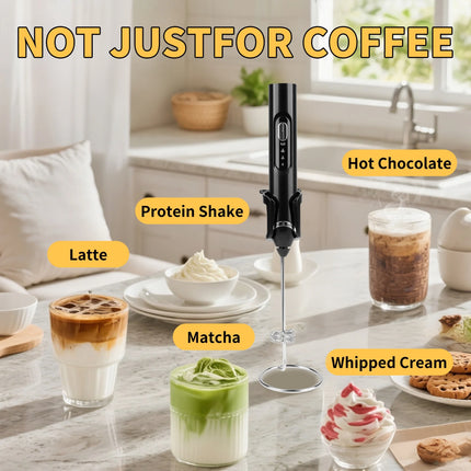 Rechargeable Milk Frother Handheld,3 Speeds Frother Wand with Stand, Coffee Frother for Coffee with 3 Stainless Whisks,Hand Mixer Electric Handheld for Lattes,Cappuccino,Matcha,Egg,Black