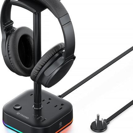 Headphone Stand with USB C, Desk Gaming Headset Holder with 3 AC Outlets, 2 USB-A and 1 USB-C, Headset Stand with 5 RGB Light Modes, for Gaming Desk Accessories Gamer Boyfriend Gifts