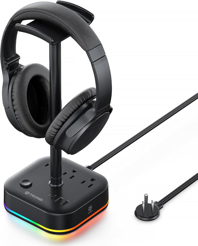 Headphone Stand with USB C, Desk Gaming Headset Holder with 3 AC Outlets, 2 USB-A and 1 USB-C, Headset Stand with 5 RGB Light Modes, for Gaming Desk Accessories Gamer Boyfriend Gifts