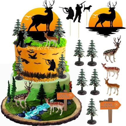13PCS Deer Hunter Cake Decoration Set - Green Camo Hunting Birthday Decorations for Camo Camping Hunting Birthday Baby Shower Party Supplies