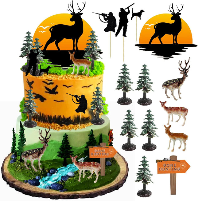 13PCS Deer Hunter Cake Decoration Set - Green Camo Hunting Birthday Decorations for Camo Camping Hunting Birthday Baby Shower Party Supplies