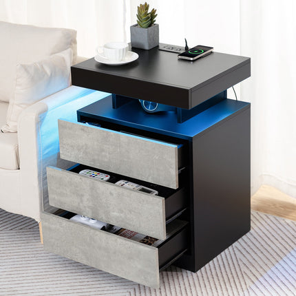Nightstand Set of 2 Wireless Charging Station USB Port Type C Outlets Modern Bedside Table 3 Drawer Smart LED Nightstand Tall Night Table Gray High Gloss End Side Table for Livingroom Bedroom