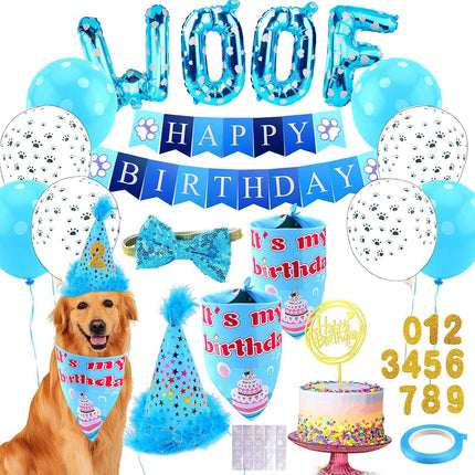 Dog Birthday Party Supplies, Adjustable Blue Dog Bandana Set