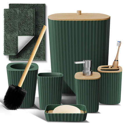 Complete 8 Piece Bathroom Accessory Set with Bamboo Accents, Trash Can, Toilet Brush & 2 Bath Rugs Included