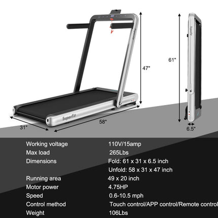 4.75HP 2 in 1 Folding Walking Pad Treadmill with Remote APP Control