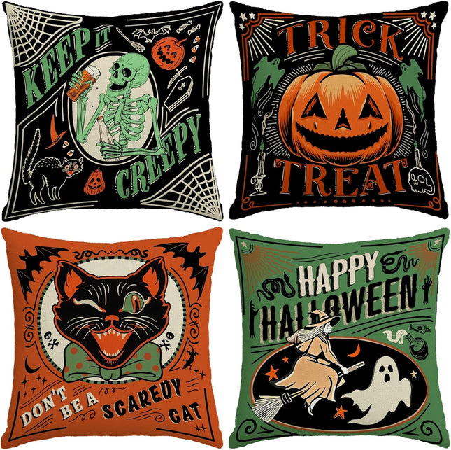 Vintage Halloween Decor Pillow Covers 18X18 Inch,Set of 4 Fall Decoration Indoor Outdoor Throw Pillow Covers, Keep It Creepy Ghost Black Green Linen Cushion Case for Home Sofa Couch Bedroom Chair