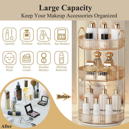 Makeup Organizer for Vanity, 3 Tier 360° Rotating Make up Storage Perfume Organizers for Bathroom Counter, Clear Cosmetic Dresser Lipstick Spinning Holder