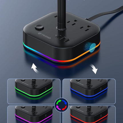 Headphone Stand with USB C, Desk Gaming Headset Holder with 3 AC Outlets, 2 USB-A and 1 USB-C, Headset Stand with 5 RGB Light Modes, for Gaming Desk Accessories Gamer Boyfriend Gifts