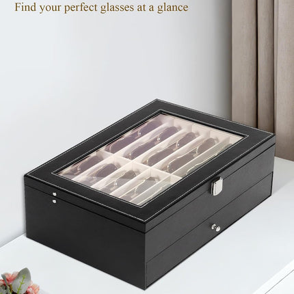Sunglasses Storage Organizer Case with 24 Adjustable Slots, 2 Layer Multi Eyeglass Glasses Display Box with Lid Women