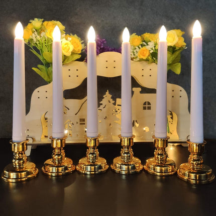 Flameless Window Candles with Gold Bases, Battery Operated Taper Candle with 4H/6H Daily Timer, Remote Window Candle with Unique Flame