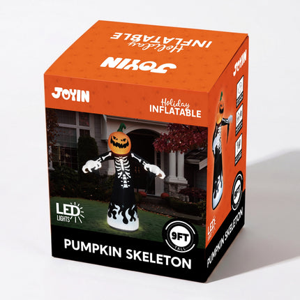9 Ft Halloween Inflatables Pumpkin Skeleton Decorations with Built-In LED Lights,Large Blow up Decoration for Yard Lawn Garden Indoor Outdoor, Pumpkin Skeleton Inflatable Decoration