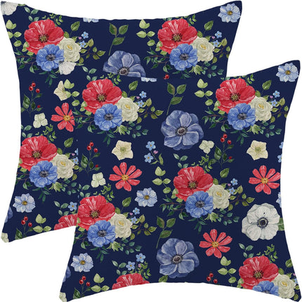 4Th of July Floral Pillow Covers 18X18 Pack of 2,Boho Blue Red Flower Throw Pillow Covers Independence Day Floral Decorative Pillowcase Farmhouse Square Cushion Cover for Couch Sofa Outdoor