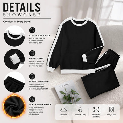 Womens Sweatsuits 2 Piece Set Fleece Lined Outfits Crew Neck Colorblock Long Sleeve Sweatshirt Jogger Pants Tracksuit Set with Pockets