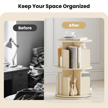 2-Tier Rotating Bookshelf with Dividers and Anti-Falling Baffles