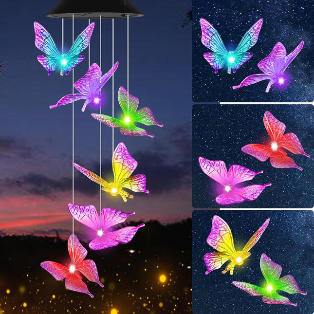 Purple Butterfly Solar Wind Chimes Outdoor Color Changing Solar Lights Garden Decor Best Gifts for Mom Decorations Mobile Windchimes Unique Chiristmas Gifts