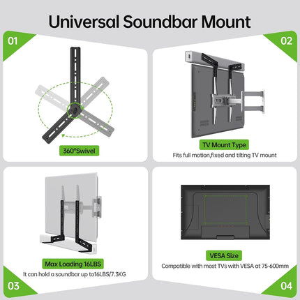Soundbar Mount, Sound Bar Mount for Mounting above or under TV, Fits Most of Sound Bars up to 16 Lbs, with Detachable Extension Plates