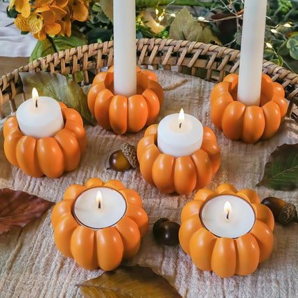 2-In-1 Pumpkin Candle Holder Set - Orange Fall Taper, Tealight & Votive Candle Holders - Pumpkin Table Centerpiece, Fall Candle Decor, Halloween Candlestick Holder (Set of 6)