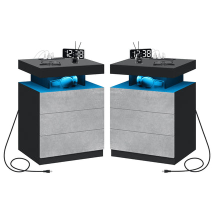 Nightstand Set of 2 Wireless Charging Station USB Port Type C Outlets Modern Bedside Table 3 Drawer Smart LED Nightstand Tall Night Table Gray High Gloss End Side Table for Livingroom Bedroom