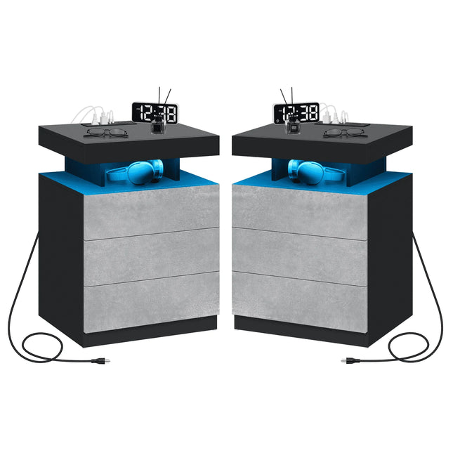 Nightstand Set of 2 Wireless Charging Station USB Port Type C Outlets Modern Bedside Table 3 Drawer Smart LED Nightstand Tall Night Table Gray High Gloss End Side Table for Livingroom Bedroom