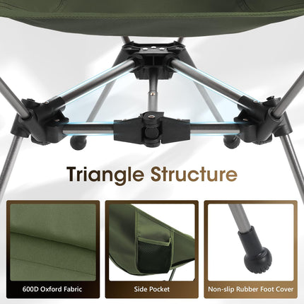 Portable Camping Chair, Lightweight Compact Backpacking Chair with Side Pocket, Wide Seat Folding Chair for Camping, Hiking, Beach - Supports 330Lbs, Green