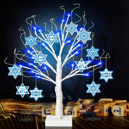 [Timer] 24'' Hanukkah LED Lighted Birch Tree with 12Pcs Ornaments,8 Lighting Modes Blue Lights Tabletop Pre Lit Tree Light for Christmas Hanukkah Decor