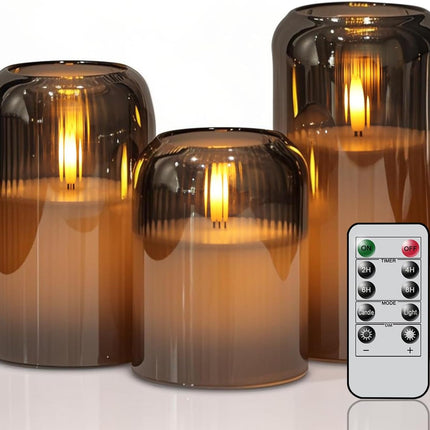 Striped Glass Flameless Candles Battery Operated with Remote Timer